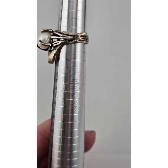 Vintage Brutalist 925 Sterling Silver Ring With Pearl Size 8 10.2g Statement - Picture 6 of 10